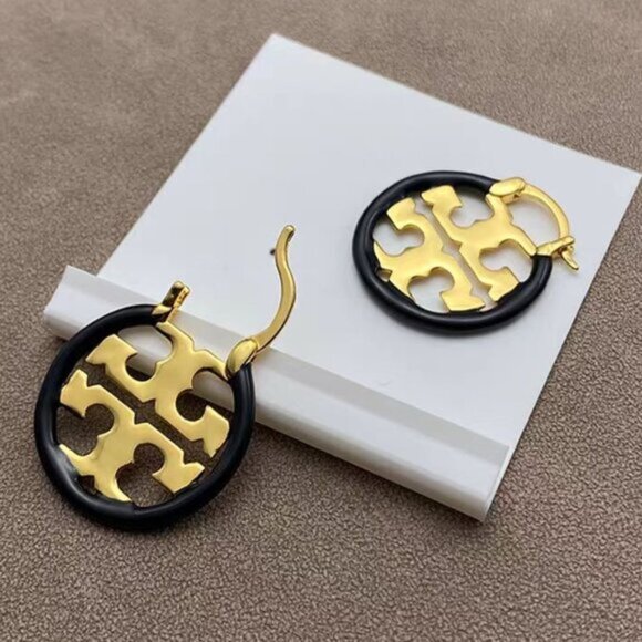 Tory Burch Gold and Black Hoop Earrings - Picture 5 of 5